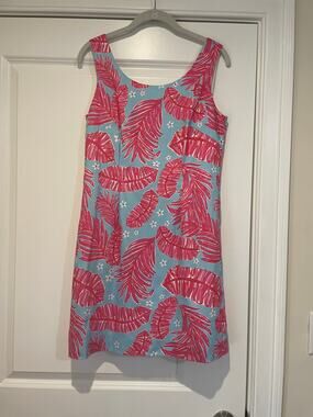 Kaeli Smith Blue Pink Tropical Palm Shift Dress Lined Sleeveless Size 8 Resort